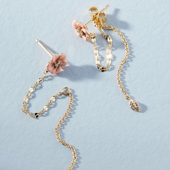 Anthropologie Pink Dainty Floral Chained Front Back Earrings - Picture 1 of 7